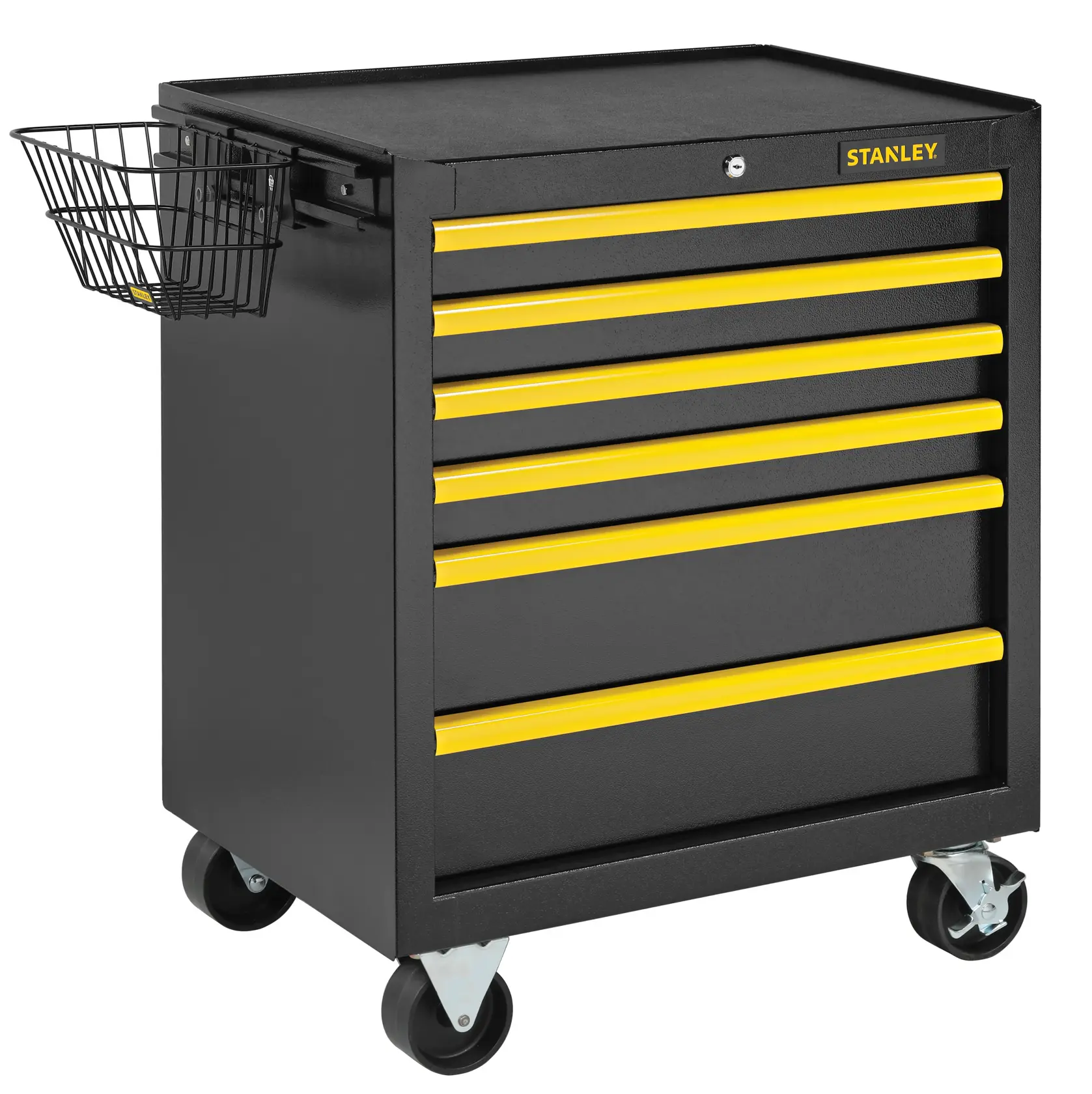STANLEY STST98182-1 black tool cabinet with yellow drawers and side basket, front angle, white background.