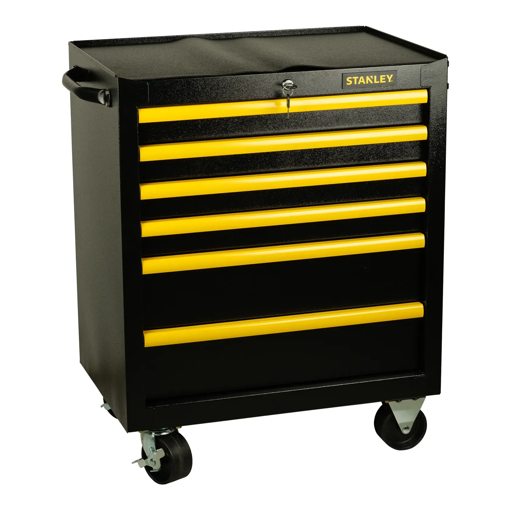 Stanley black tool chest with yellow drawers, locking top, and wheels for mobile storage.