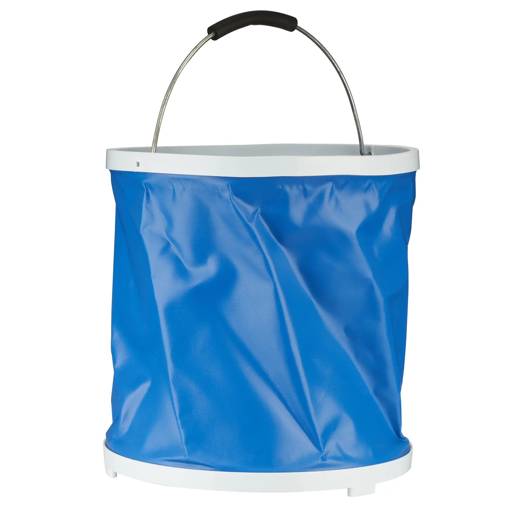 Photo of STANLEY STZB1 blue collapsible bucket with white rim and metal handle, front angle.