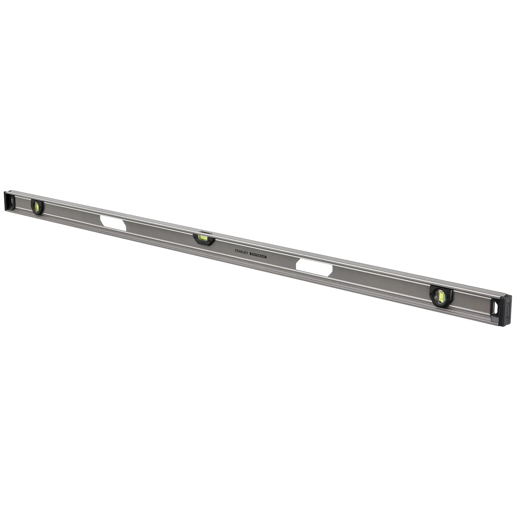 Stanley aluminum spirit level with three bubble vials and handle slots for precise measurements.