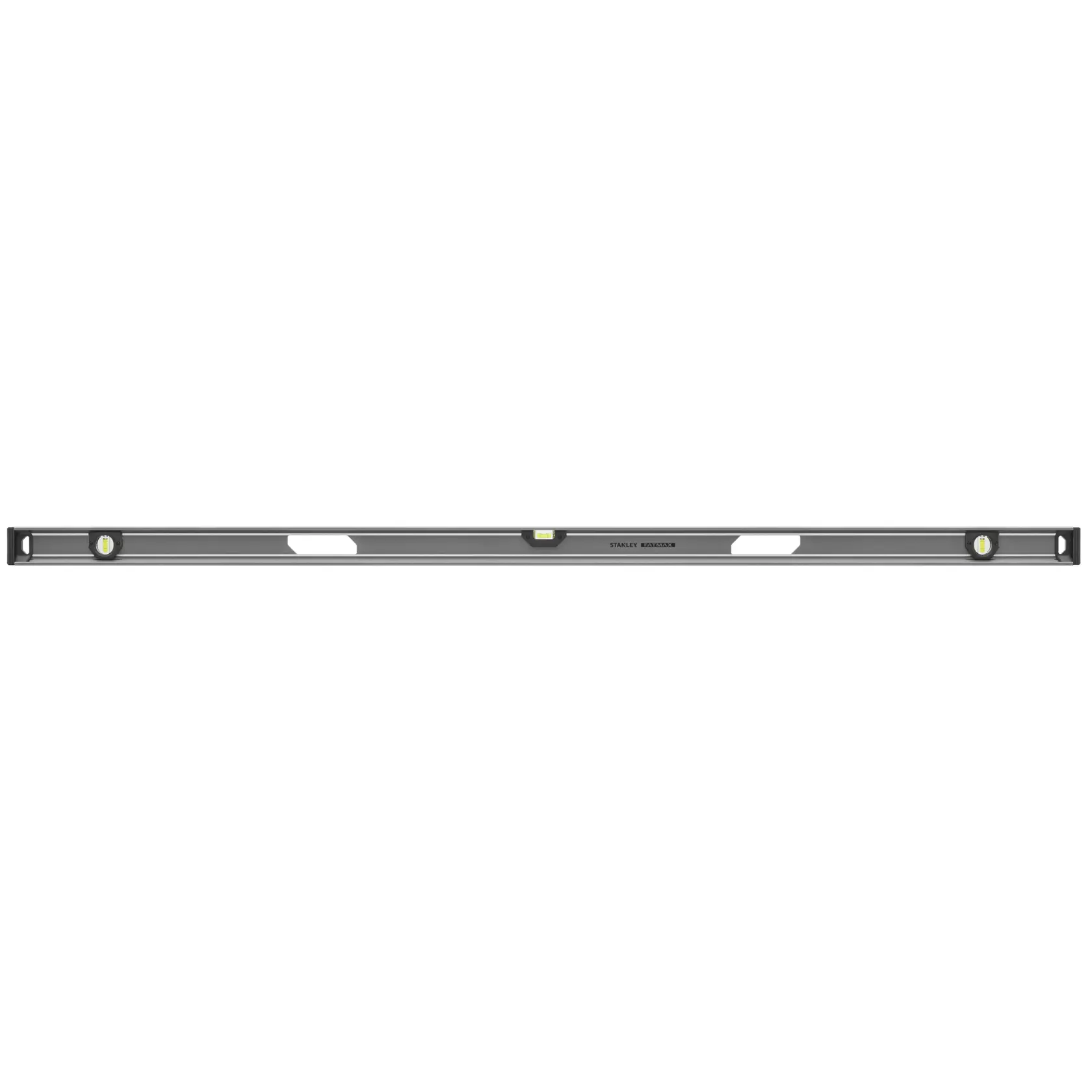 STANLEY XTHT1-42138 spirit level, black, with three vials and white grips, front angle, on white background.